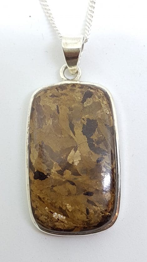 Sterling Silver Large Rectangular Bronzite Pendant on Silver Chain