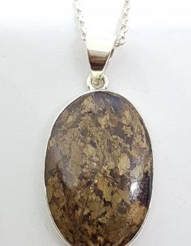 Sterling Silver Large Oval Bronzite Pendant on Silver Chain