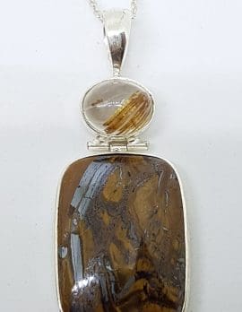 Sterling Silver Large Tiger Iron & Rutilated Quartz Pendant on Silver Chain