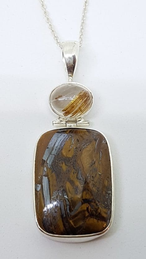 Sterling Silver Large Tiger Iron & Rutilated Quartz Pendant on Silver Chain