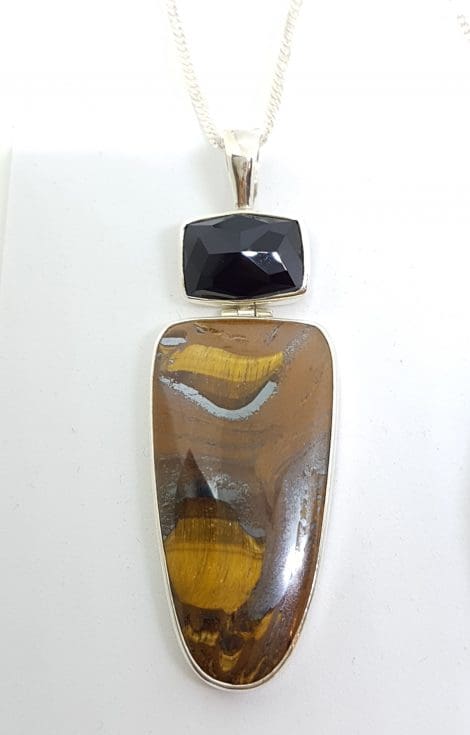 Sterling Silver Large Tiger Eye & Onyx Pendant on Silver Chain