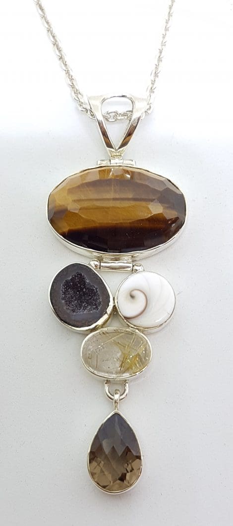 Sterling Silver Large Faceted Tiger Eye, with Druzy, Cats Eye, Rutilated Quartz and Smokey Quartz Long Pendant on Silver Chain