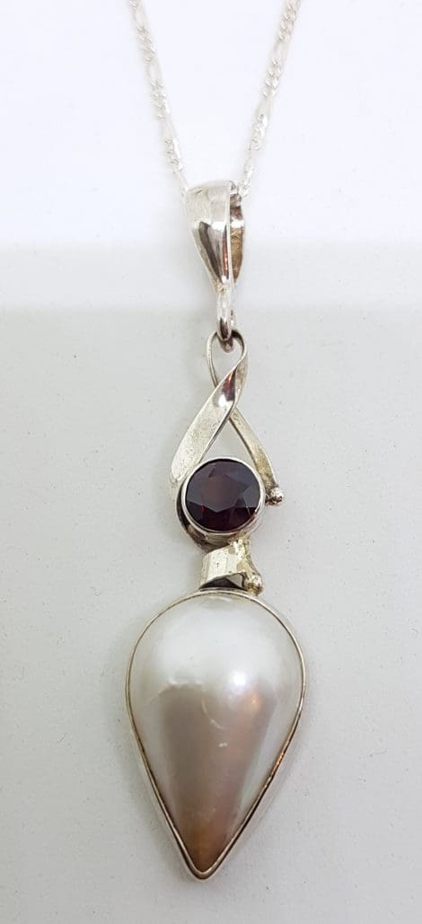 Sterling Silver Teardrop Shape Mabe Pearl with Garnet Twist Pendant on Chain