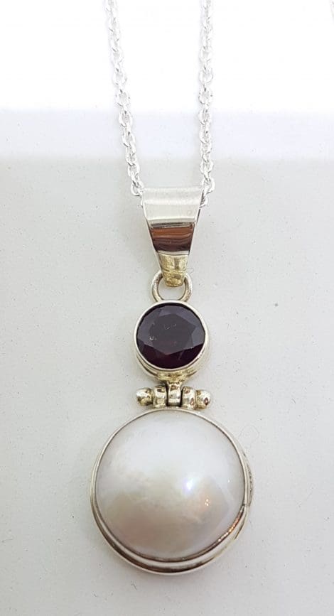 Sterling Silver Mabe Pearl & Garnet Pendant on Chain