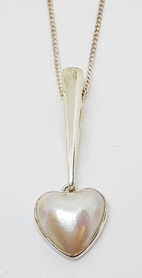 Sterling Silver Mabe Pearl Long Heart Drop Pendant on Chain