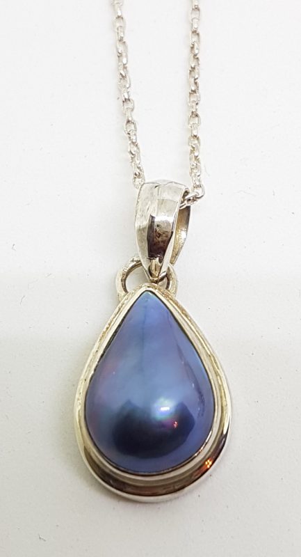 Sterling Silver Teardrop Shape Blue Mabe Pearl Pendant on Chain