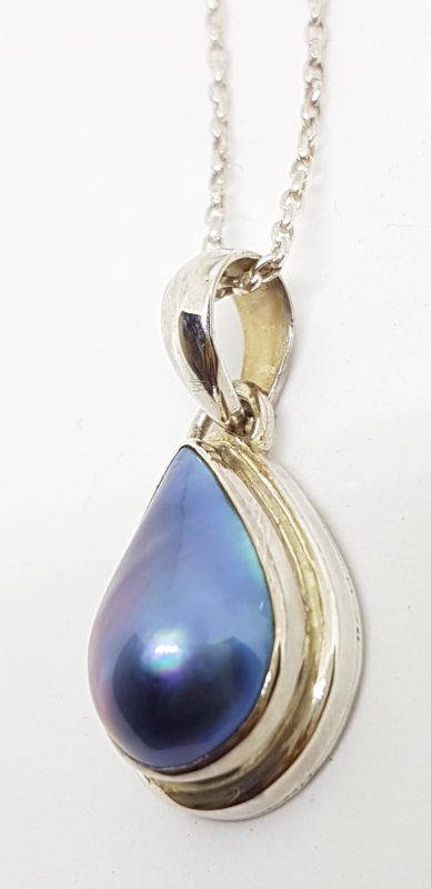 Sterling Silver Teardrop Shape Blue Mabe Pearl Pendant on Chain