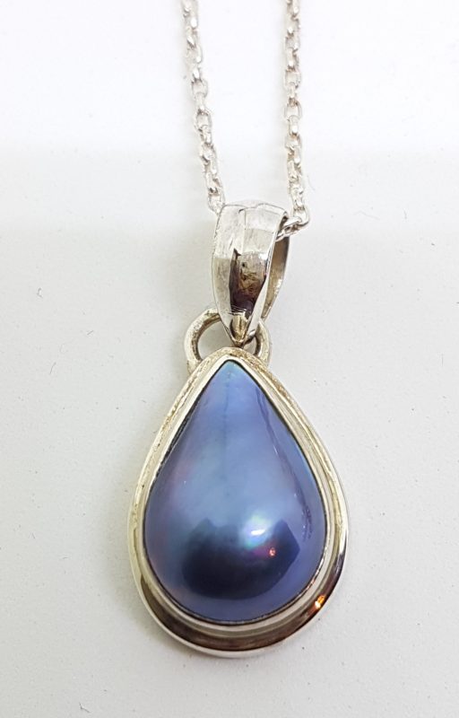 Sterling Silver Teardrop Shape Blue Mabe Pearl Pendant on Chain
