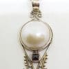 Sterling Silver Mabe Pearl & Square Garnet Ornate Pendant on Chain