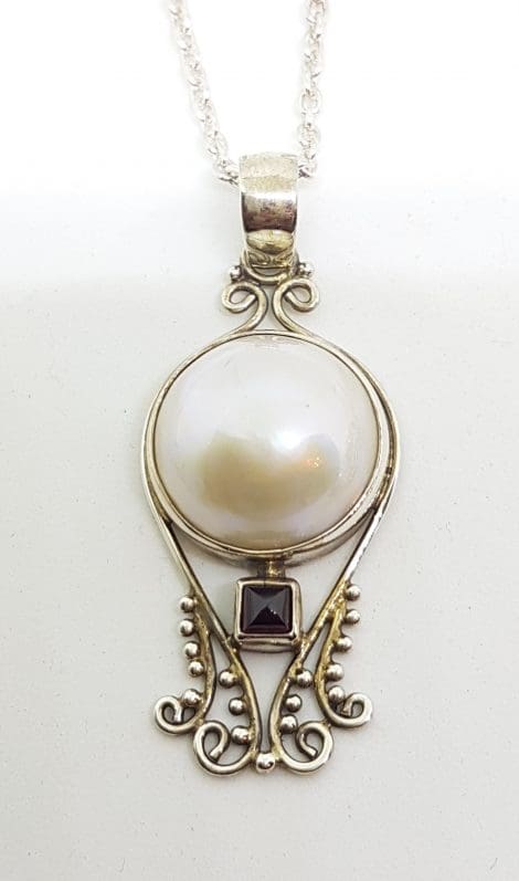 Sterling Silver Mabe Pearl & Square Garnet Ornate Pendant on Chain