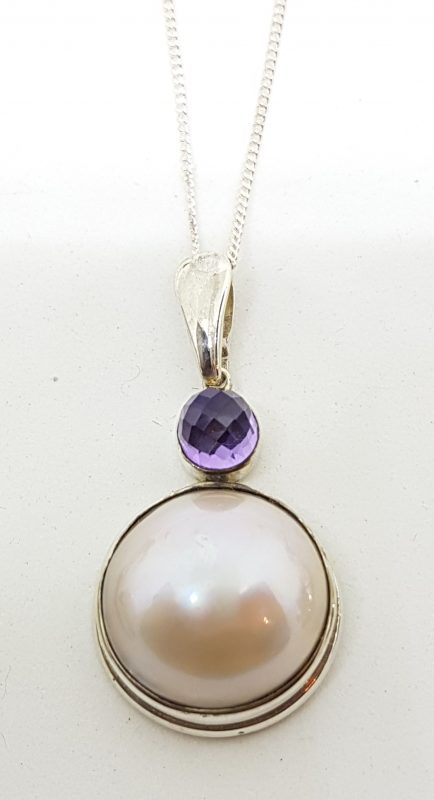 Sterling Silver Mabe Pearl & Amethyst Pendant on Chain