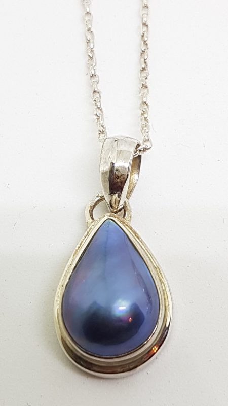 Sterling Silver Teardrop Shape Blue Mabe Pearl Pendant on Chain