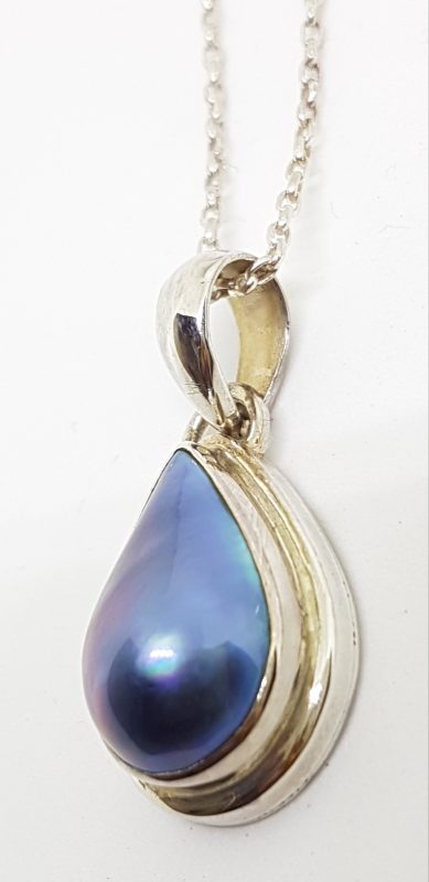 Sterling Silver Teardrop Shape Blue Mabe Pearl Pendant on Chain