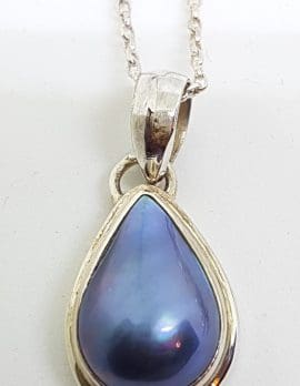 Sterling Silver Teardrop Shape Blue Mabe Pearl Pendant on Chain