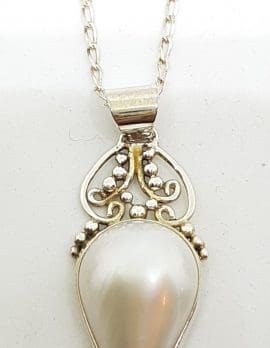 Sterling Silver Teardrop Shape Mabe Pearl Ornate Pendant on Chain