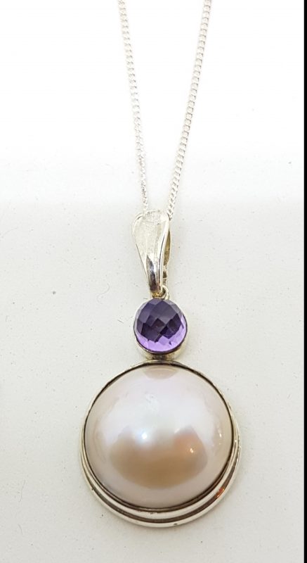 Sterling Silver Mabe Pearl & Amethyst Pendant on Chain