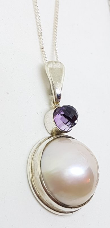 Sterling Silver Mabe Pearl & Amethyst Pendant on Chain