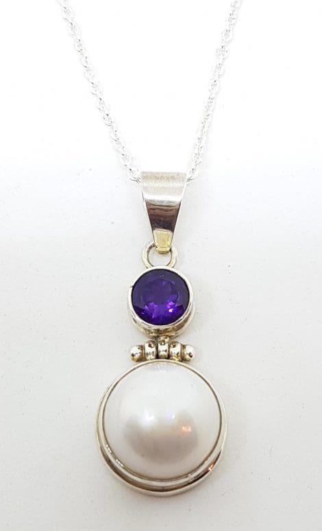 Sterling Silver Mabe Pearl & Amethyst Drop Pendant on Chain