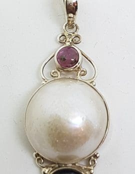 Sterling Silver Mabe Pearl Ornate Pink Tourmaline Pendant on Chain