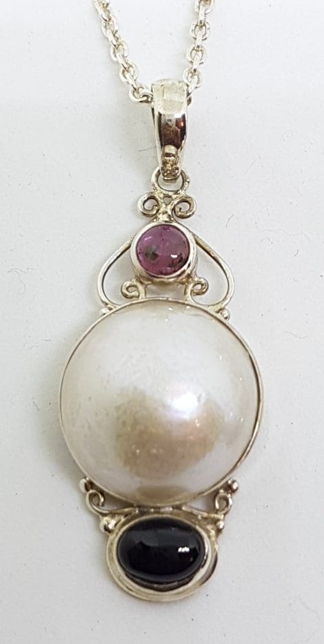 Sterling Silver Mabe Pearl Ornate Pink Tourmaline Pendant on Chain