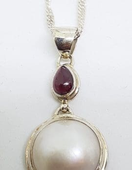 Sterling Silver Mabe Pearl Pink Tourmaline Drop Pendant on Chain