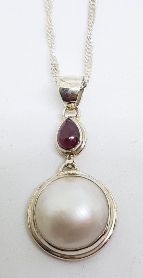 Sterling Silver Mabe Pearl Pink Tourmaline Drop Pendant on Chain
