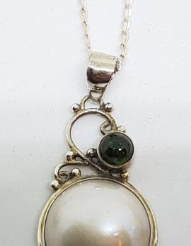 Sterling Silver Mabe Pearl Green Tourmaline Ornate Pendant on Chain