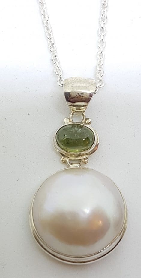 Sterling Silver Mabe Pearl Green Tourmaline Pendant on Chain