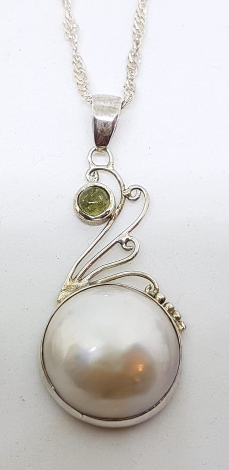 Sterling Silver Mabe Pearl Green Tourmaline Ornate Pendant on Chain