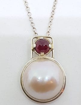 Sterling Silver Mabe Pearl Pink Tourmaline Pendant on Chain