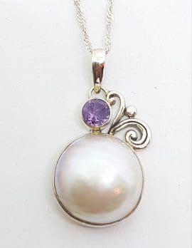 Sterling Silver Mabe Pearl & Amethyst Filigree Pendant on Chain