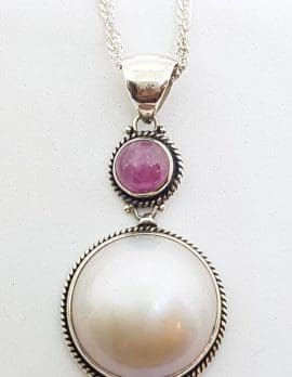 Sterling Silver Mabe Pearl & Pink Tourmaline Pendant on Chain