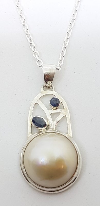 20200507_185643 Sterling Silver Mabe Pearl & Sapphire Pendant on Silver Chain