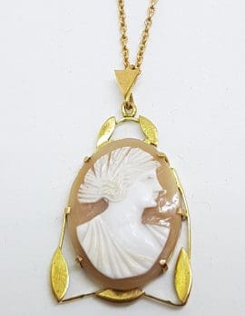 9ct Yellow Gold Lady Head Ornate Leaf Design Cameo Pendant on Gold Chain
