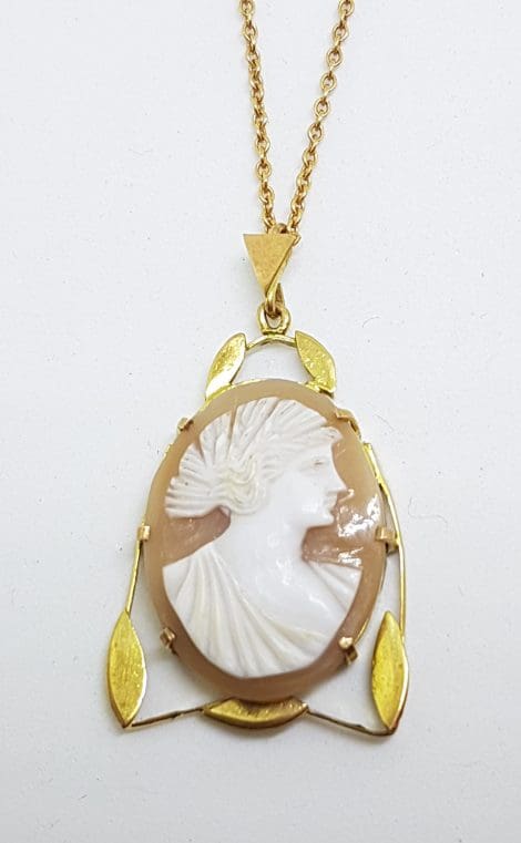 9ct Yellow Gold Lady Head Ornate Leaf Design Cameo Pendant on Gold Chain