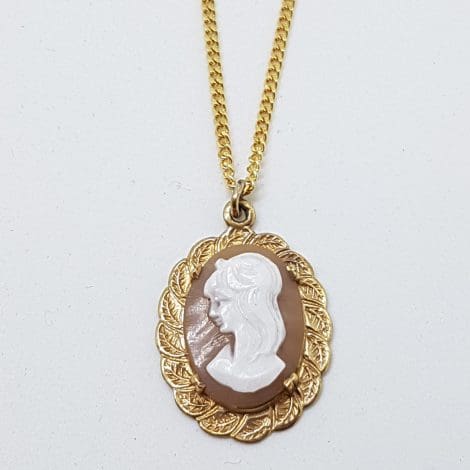 9ct Yellow Gold Ornate Oval Lady Head Cameo Pendant on Gold Chain