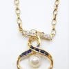 14ct Yellow Gold Sapphire, Diamond & Pearl Twist Design Pendant on 9ct Gold Chain