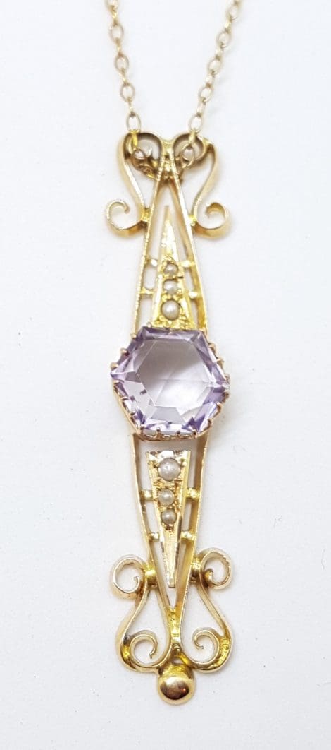9ct Yellow Gold Amethyst & Seedpearl Long Pendant on Gold Chain
