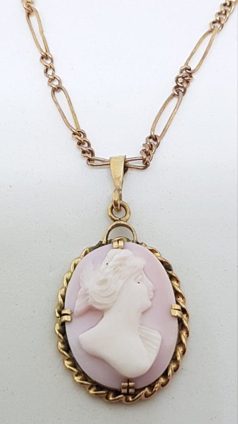 9ct Rose Gold Oval Lady Head Ornate Pink Cameo Pendant on Gold Chain
