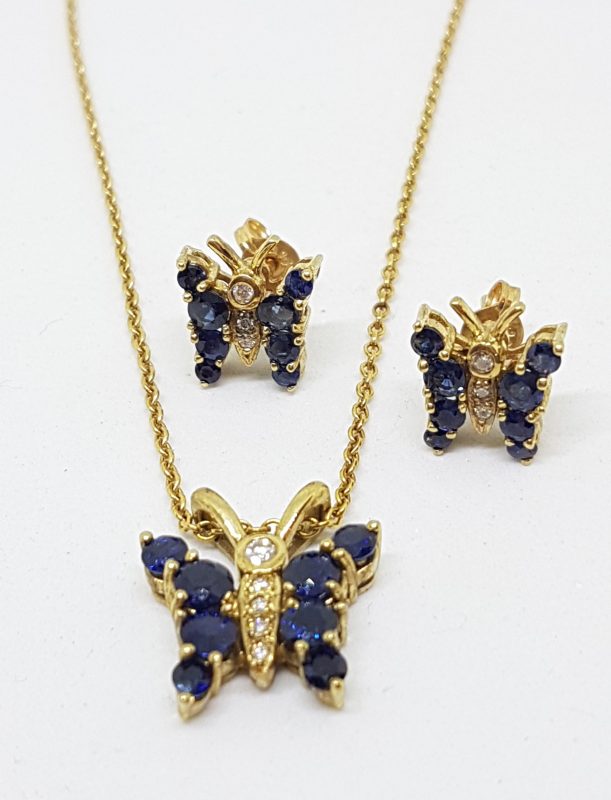 18ct Yellow Gold Sapphire and Diamond Butterfly Pendant on Gold Chain with Matching Earring Set