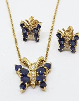 18ct Yellow Gold Sapphire and Diamond Butterfly Pendant on Gold Chain with Matching Earring Set