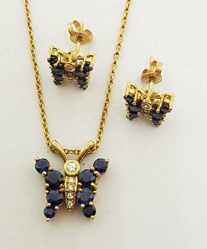 18ct Yellow Gold Sapphire and Diamond Butterfly Pendant on Gold Chain with Matching Earring Set