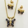 18ct Yellow Gold Sapphire and Diamond Butterfly Pendant on Gold Chain with Matching Earring Set