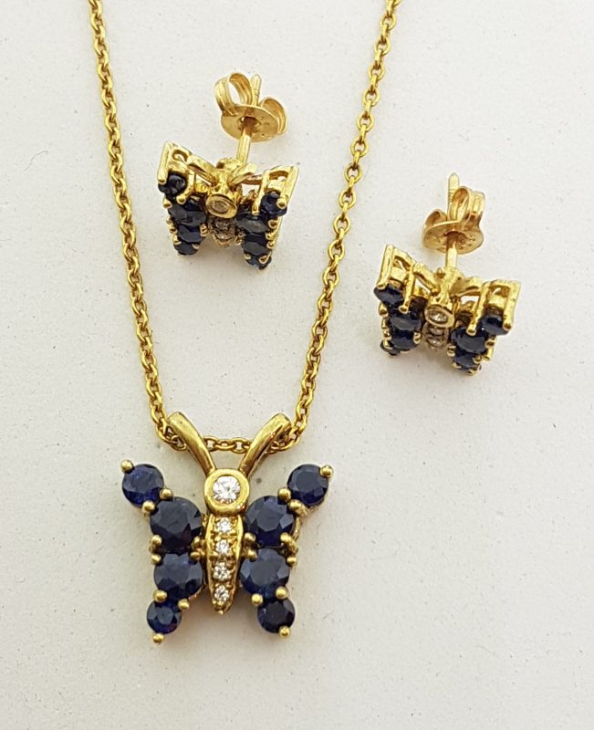 18ct Yellow Gold Sapphire and Diamond Butterfly Pendant on Gold Chain with Matching Earring Set