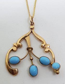 9ct Rose Gold Ornate Turquoise Pendant on Gold Chain