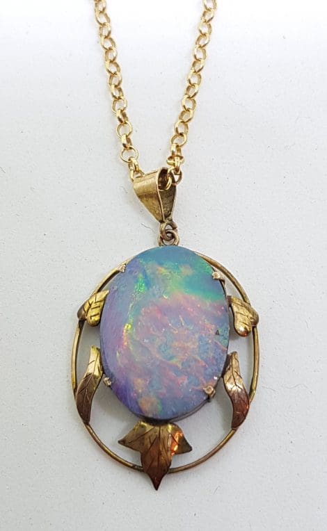 9ct Yellow Gold Oval Opal Ornate Floral Pendant on Gold Chain