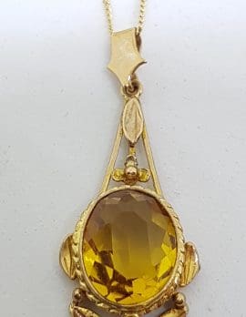 9ct Yellow Gold Citrine Ornate Leaf Design Pendant on Gold Chain