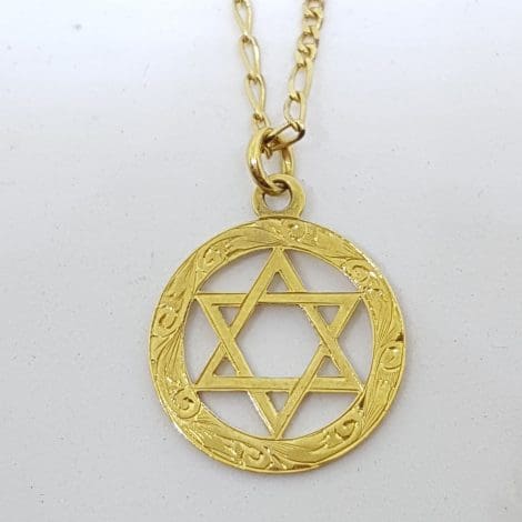 9ct Yellow Gold Ornate Star of David Round Pendant on Gold Chain