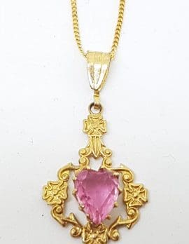 9ct Yellow Gold Pink Paste Ornate Flower Design Heart Pendant on Gold Chain