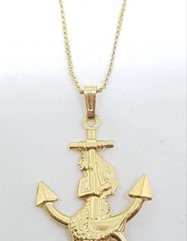 9ct Yellow Gold Large Anchor and Mermaid Pendant on Gold Chain